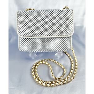 Whiting & Davis White Mesh Evening Bag Gold Chain Crossbody Purse Vintage Bridal